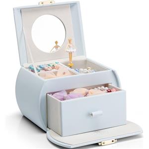 Vlando Carillon portagioie in pelle, portagioie per ragazze con cassetti, portagioie per bambini, ballerina, con melodia, regalo per ragazze, blu delicato