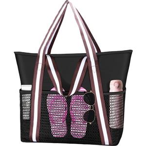 Tokeya Borsa Mare Donna, Grande Borse Spiaggia con Cerniera e Tasche Impermeabile Beach Tote Bag Leggero Borsone a Tracolla Shopper per Viaggi Piscina Shopping Vacanze, Nero