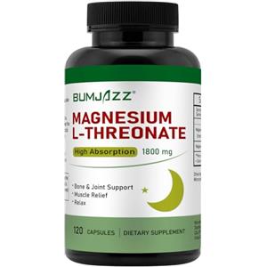 Bumjazz Capsule di magnesio L-treonato -, Integratore di magnesio ad alto assorbimento - Forma biodisponibile per il riposo e il supporto delle funzioni cognitive - 1.800 mg - 120 unità