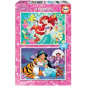Educa - Puzzle di cartone con 48 pezzi per bambini | Ariel and Jasmin. Set di 2 puzzle da 48 pezzi ciascuno, doppio divertimento. Dimensioni del puzzle: 28 x 20 cm. A partire dai 3 anni (18213)