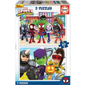 Educa - Puzzle di cartone con 20 pezzi per bambini | Spidey & His Amazing Friends. Set di 2 puzzle da 20 pezzi ciascuno, doppio divertimento. Misura: 28 x 20 cm. A partire dai 3 anni (19296)