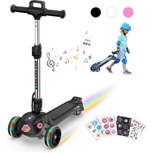iScooter Monopattino elettrico per bambini, monopattino a 3 ruote con manico, 3 altezze regolabili, acceleratore delle dita, altoparlante Bluetooth, luce a LED arcobaleno, motore da 70 W, regalo per