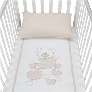 baby idea Babysanity Piumino Lettino Neonato Ricamato Completo Federa e Copripiumino e Lenzuolino con Angoli Sfoderabile Senza Paracolpi Lettino - Made in Italy- (Orsetto Cuore Beige)