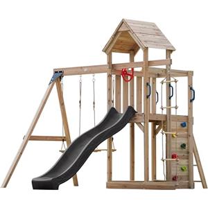 AXI Moos Casetta in Legno Bimbi completa con 2 altalene, scala di corda/Parco giochi all'aperto con altalene/sandbox/muro di arrampicata/scivolo Grigio | Casetta in legno da esterno su palafitte