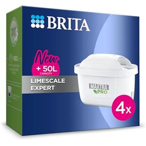BRITA Cartuccia filtro acqua rubinetto MAXTRA PRO Expert anti-tartaro, confezione da 4 per ricarica caraffa filtro formula anticalcare 50% più potente vs All-in-1, ridotto cloro, particelle fini,