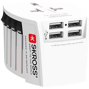 SKROSS | 1.302961 | MUV USB (4xA) | Anti Shock - KID SAFE. Adattatore Universale da Viaggio a 2 poli più 4 Porte USB Type-A da 4.8A - Tensione e Potenza: 100V - 250W/250V - 625W