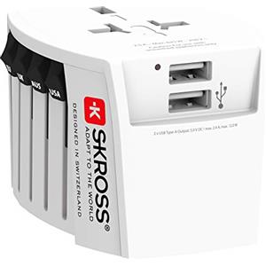 SKROSS | 1.302960 | MUV USB (2xA) | Adattatore Universale da Viaggio a 2 Poli - Completo di 2 Prese di Ricarica USB. Tensione e Potenza: 100V - 250W / 250V - 625W. Protezione Anti Scossa