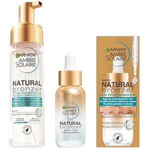 Garnier Kit Ambre Solaire con Gocce Viso Autoabbronzanti, Natural Bronzer, E Mousse Autoabbronzante, Viso e Corpo, Natural Bronzer, Pelle Abbronzata e Idratata, 30 ml + 200 ml