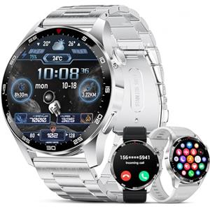 FOXBOX Militare Smartwatch Uomo,120+ Modalità Sportive Chiamata Bluetooth Calorie Frequenza Cardiaca Pressione Sonno per Android ios Argentato