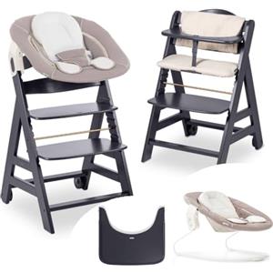 hauck Seggiolone Beta+ Newborn Set - Seggiolone Evolutivo in Legno, con Sdraietta Neonati 2in1 (Dondolo Neonati), Cuscino Seduta, Vassoio - Grigio scuro