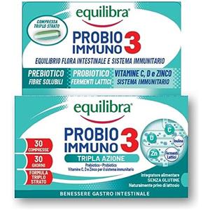Equilibra Integratori Alimentari, Probio 3 Immuno, Fermenti Lattici Probiotici e Prebiotici per Flora Intestinale con Vitamine C, D e Zinco, 30 Compresse Triplo Strato Rilascio Graduale con Pre-Taglio