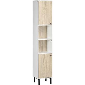 kleankin Armadio Alto Bagno Colonna Ausiliare Bagno con 2 Porte e 6 Ripiani per Doccia WC Camera da letto Stile Moderno 30 x 31,5 x 169 cm Bianco e Rovere