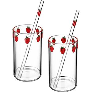 ERINGOGO Tazza Di Trasparente Alla Fragola Set Di 2 Tazza Colazione 300 Ml Con Tazza Di Cannuccia Contenitore Per Bevande Per Bottiglie Di Tè E Caffè Per Acqua Fornitura