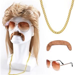JWTRSVTY 4 PCS Parrucca Mullet, Parrucca Uomo Bionda Mullet Anni '80, Anni '70 e '80 Discoteca Parrucca Costume, Parrucca,Occhiali Da Sole,Collana Dorata,Barba,per Carnevale, Cosplay, Feste In Costume