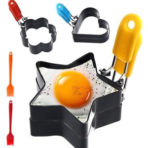Tefola Set di 6 stampi per uova al piatto con manico, pennello per olio in silicone, rivestimento antiaderente, riutilizzabile, anello in acciaio inossidabile, cottura stampo per pancake, frittelle