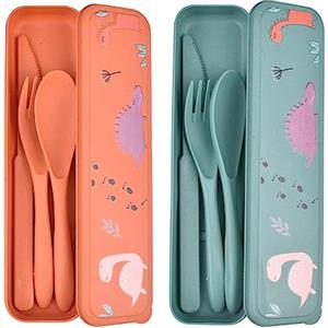 Faumsut Set di posate in plastica, confezione da 2 pezzi, riutilizzabili con custodia, set di posate da viaggio, forchetta, coltello, cucchiaio, set di posate in plastica portatile, per picnic, scuola