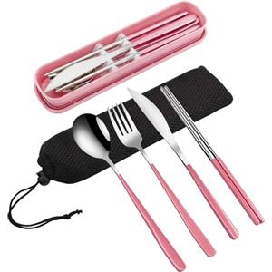 VANRA Set di 4 posate da viaggio portatili con custodia, posate in acciaio inox riutilizzabili con forchetta, cucchiaio, coltello, bacchette per viaggi, scuola, lavoro, picnic (rosa)