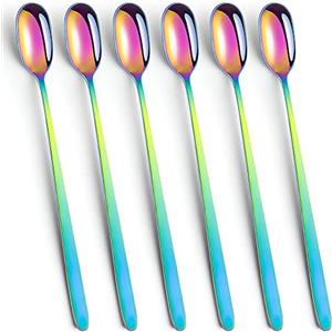 YFWOOD Set di 6 cucchiai da gelato lunghi in acciaio inox, con manico lungo, per caffè latte, espresso, cioccolata calda, bevande calde, lavabili in lavastoviglie, 23 cm (arcobaleno)