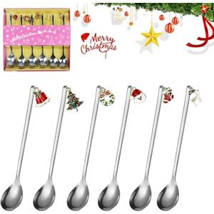 REFORUNG 6 Pz Cucchiai di Natale in Acciaio Inox,Cucchiaio da Caffè di Natalizi con Pendenti di Natale,Cucchiaini da Tè da Dessert con Confezione Regalo per Zuppa di Tè Dessert (Argento)