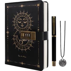 TIEFOSSI Diario con Lucchetto, Diario Sole e Luna con Lucchetto per Donne Uomini, Quaderno A5 Ricaricabile con Lucchetto per Scrivere, 224 Pagine Numerate