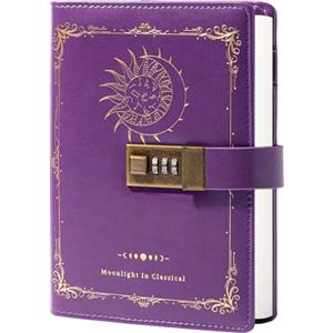 TIEFOSSI Constellation - Diario in pelle con serratura, motivo: luna zodiacale e sole, per scrivere, quaderno B6 con carta a righe per donne e uomini (viola)