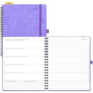 POPRUN Agenda Settimanale 2025 Spirale 26,5 x 21,5 cm, 1 Pagina a Settimana con 1 Pagina di Appunti, Righello Segnolibro, Copertina Morbida in Pelle PU, Carta Spessa da 100 GSM EU, Lilla