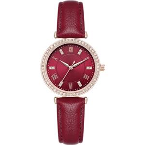 NUOVO Orologio da donna da donna, con lunetta in strass, orologio da donna al quarzo, classico, elegante, per feste, Rosso vinaccia, Cinturino