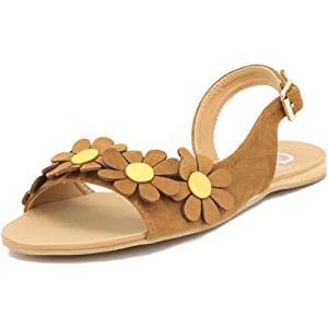 QUEEN HELENA Sandali Bassi con Fiori Piatti Aperti Glamour Casual Cinturino alla Caviglia Donna ZM8037 Camel 36
