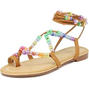 QUEEN HELENA Infradito alla Schiava Sandali Bassi con Lacci Casual con Perle Donna (Y4006 Marrone, numeric_37)