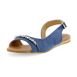 QUEEN HELENA Sandali Bassi Scamosciati Piatti con Strass Donna ZM6120 (Blu, numeric_36)