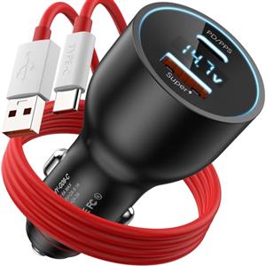 ACANDYA Caricabatterie Auto USB Con 1M cavo USB a USB C, 100W SUPERVOOC for OPPO Reno10 Pro+ Find X5 Pro OnePlus 12 12R 11 Nord 2T 10 Pro Reno8 Realme GT NEO 3T, Caricatore USB Auto 2 Porte con display LED