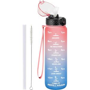 GOPPUS 1L/32oz Borraccia con cannuccia Borraccia motivazionale a tenuta stagna con marcature del tempo Borraccia sportiva in Tritan per palestra Scuola Borraccia grande per Adulti Senza BPA