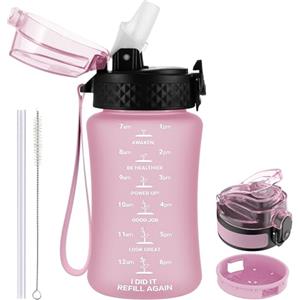 GOPPUS 350ml/12oz Borraccia per Bambini con Cannuccia Senza BPA Borraccia per Bevande a Tenuta Stagna per Scuola Tritan Borraccia Sportiva Riutilizzabile con Marcature del Tempo con 2 Coperchi