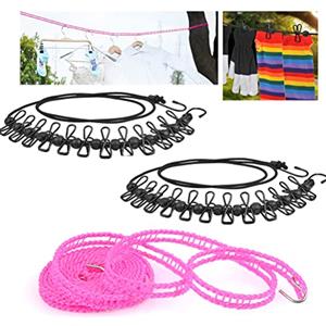 TIMESETL Stendibiancheria Portatile 3 Pezzi Elastic Regolabile Retrattile Corda per Vestiti con 12 Clip, 13pcs Nero Fibbie di Posizionamento, Escursioni in Campeggio e all'aperto