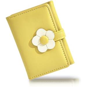 AfitLulu Trifold Portafoglio da donna con fibbia floreale e finestra ID a forma di cuore, portafoglio compatto in pelle PU, con 7 scomparti per carte di credito, giallo., 10.5 * 8 * 2.3cm, Casual