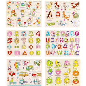 KABENFIS 6 Pezzi Puzzle di Legno Puzzle Set Alfabeto, Numero, Animali, Frutta, Veicoli e Sport Puzzle di Apprendimento Board per Bambini Ragazzi e Ragazze