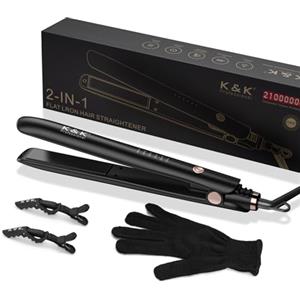 K&K Piastra lisciante 2 in 1 per capelli arricciati e liscianti, riscaldamento rapido 20 s, piastra in titanio agli ioni di litio per uno stile liscio, pannello 3D che impedisce la formazione dei