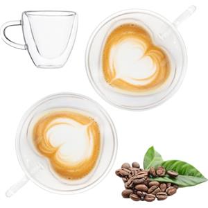 Gohytal Set di 2 tazze da caffè in vetro a doppia parete, a forma di cuore, tazze da tè, tazze in vetro per latte, regalo per mamma, donne, amiche, coppie, compleanno, matrimonio, anniversario, festa