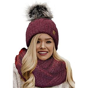 4sold Winter Cappello Set da Donna Taglia Unica di Lana di Mohair e Sciarpa Invernale di Lana Berretto Beanie Fodera in Pile Pompom Artificiale - Set Birma Burgundy