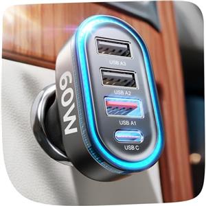 LISEN Caricatore USB da 60 W per auto, multi porta [compatibile al 99% degli elementi essenziali da viaggio], PD&QC3.0, adattatore USB per accendisigari per iPhone 16e/15/14/13/12 Pro Max Plus,
