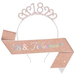 TOPWAYS 18 Anni Compleanno Donna Decorazioni Corona Sciarpa Set, 18 Anni Fabulous Sash e Strass Coroncina Compleanno per Decorazioni Festa di Compleanno 18 anni Ragazza Donna (18 Fabulous, Rosa Oro)