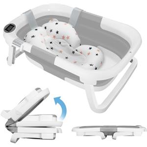 Gowkeey Vaschetta Bagnetto Neonato con Indicatore di Temperatura, Bagnetto Neonato Pieghevole, Vaschetta Bagnetto Neonato Pieghevole con Presa per Soffione Doccia, Salvaspazio, per Bambini da 0 a 36 Mesi