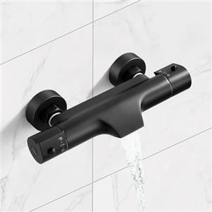 SINKTORY Rubinetto per vasca da bagno a cascata con termostato, 2 prese, colore nero, per doccia e vasca, miscelatore doccia termostatico con pulsante di sicurezza a 38 °C, in ottone