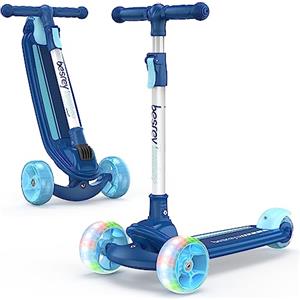 besrey Monopattino per Bambini da 3-10 anni,Monopattino Piegevole a 3 Ruote per Bambino e Bambina con LED,Regolabile Altezza (Azzurro)