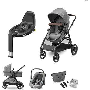 Maxi-Cosi Zelia S Trio Passeggino Neonati 3 in 1, FamilyFix 3 Base ISOFIX Pack - Sistema di Viaggio per Passeggino con CabrioFix S i-Size, 0-4 anni, fino a 22 kg, Grigio + Base FamilyFix 3, Nero