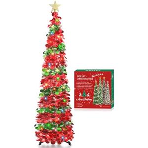 HMASYO Albero di Natale Artificiale Sottile 150cm a Paillettes Luccicante con Luci Integrate e Timer, Montaggio Istantaneo, Pieghevole - Decorazione per Interni Casa, Appartamento, Veranda, Feste