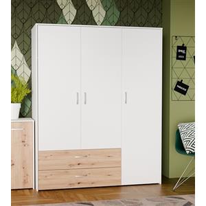 FORTE CULGOA - Armadio classico 155, 3 ante, 2 cassetti, bianco con decorazione in rovere, 152,8 x 190,8 x 52,7 cm (larghezza x altezza x profondità)