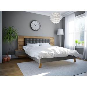 Forte Letto Forte RICCIANO + 2 cassettiere da notte con 2 cassetti, in legno di rovere/effetto cemento grigio scuro, larghezza 266,5 x profondità 120 x 209,9 cm