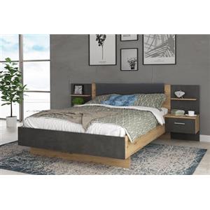 Forte Letto Forte Ginger + 2 cassettiere da notte con 2 cassetti, legno di quercia artisan/effetto cemento grigio scuro, larghezza 235,5 x altezza 93,5 x 195,7 cm
