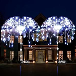 XRR Luci Solari per Giardino Esterno, 2 Pezzi 120LED Fuochi d'artificio illuminanti Energia Solare 2 Modalità lampada decorativa a fiori impermeabile per Vialetto Natale Recinzione(bianco freddo)